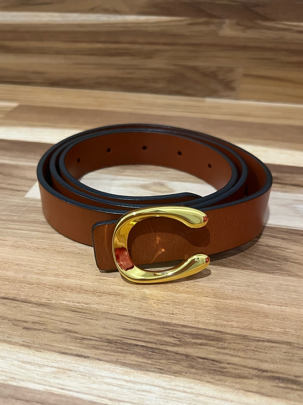 Brown Leather Belt with Gold C-Shaped Buckle